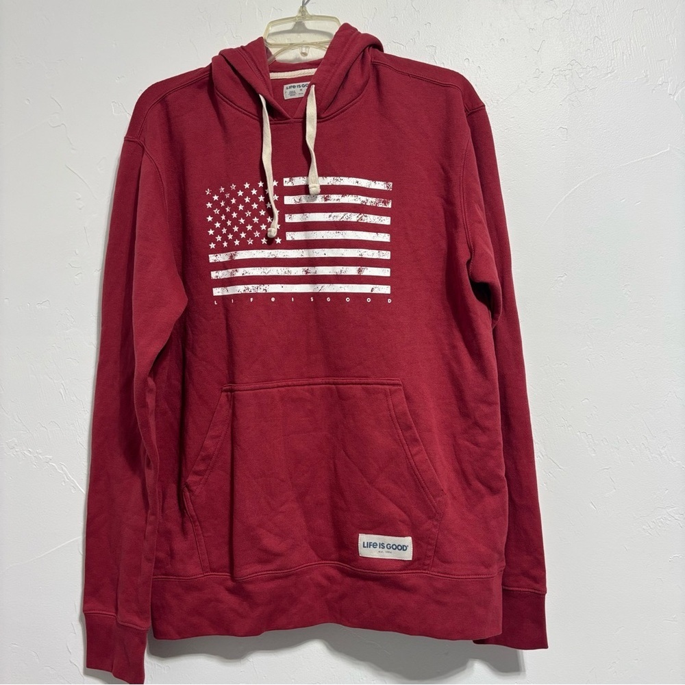 Life is Good Patriotic USA Flag Red Hoodie Sweatshirt Men's Medium Cotton Blend